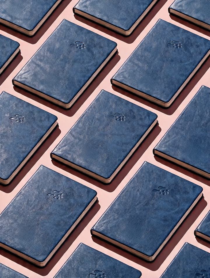 Biblias de pasta azul acomodadas en retícula sobre fondo rosa